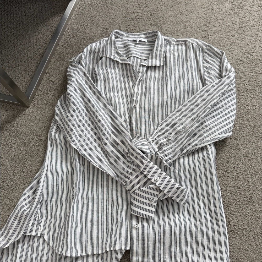 Frame Denim Black and White Striped Linen Shirt